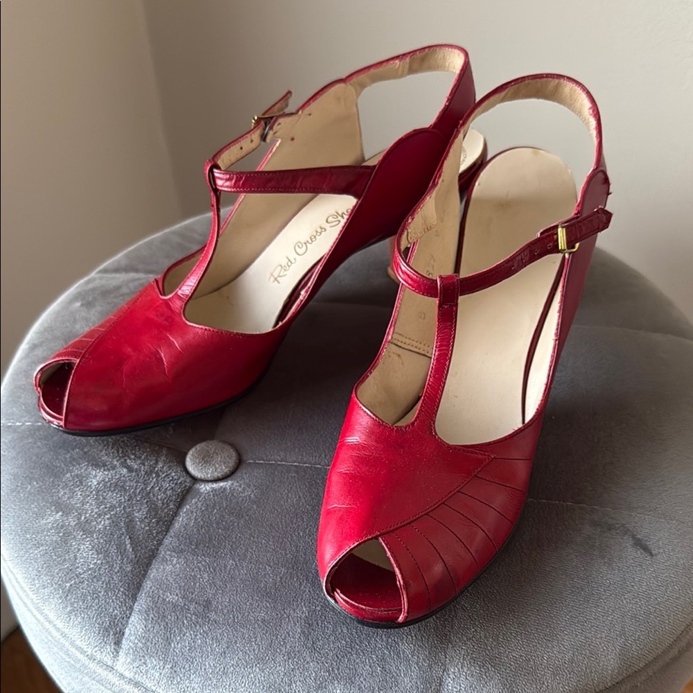Vintage Red Peep-Toe T-Strap Heels